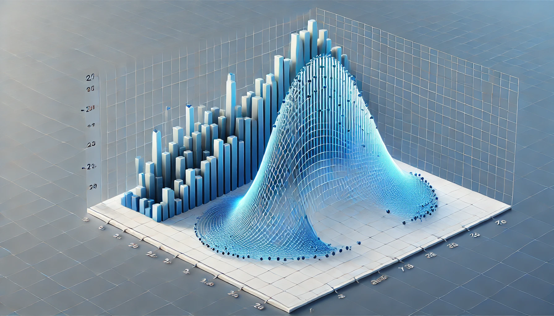 Gráfico da curva de Gauss mostrando a distribuição normal, com histogramas representando dados estatísticos.