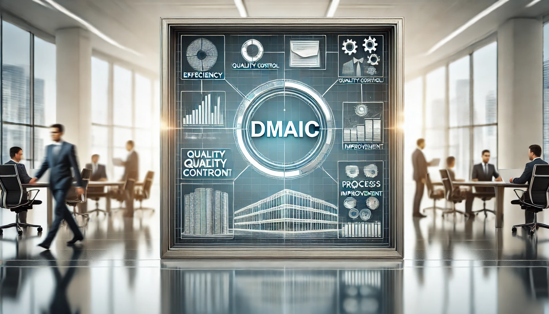 Acrônimo DMAIC em ambiente corporativo representando processos de melhoria contínua e controle de qualidade.