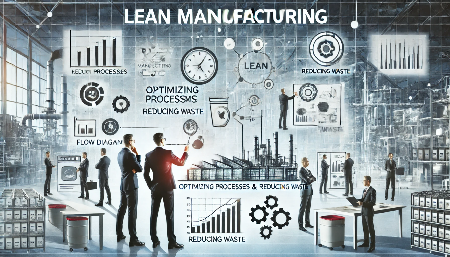 Profissionais em um ambiente industrial moderno, simbolizando a otimização de processos e redução de desperdícios com Lean Manufacturing.