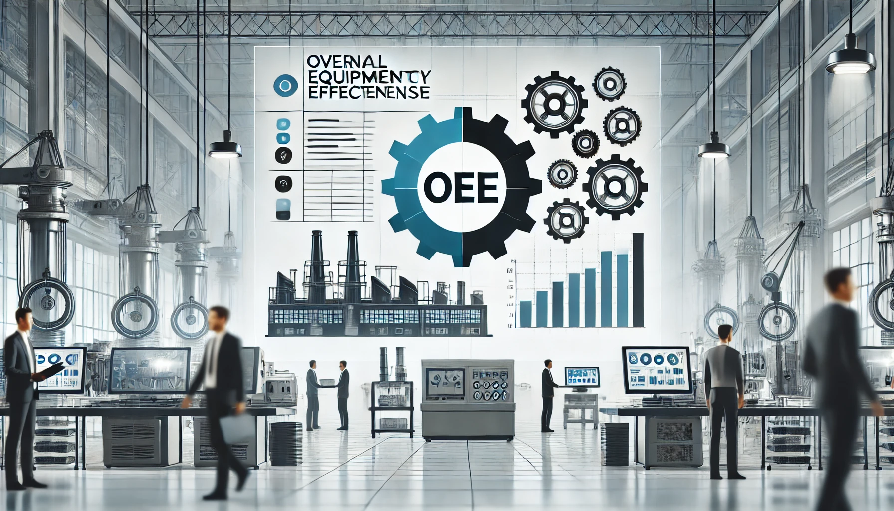 Imagem com o texto OEE, simbolizando a eficácia geral dos equipamentos em um ambiente corporativo.
