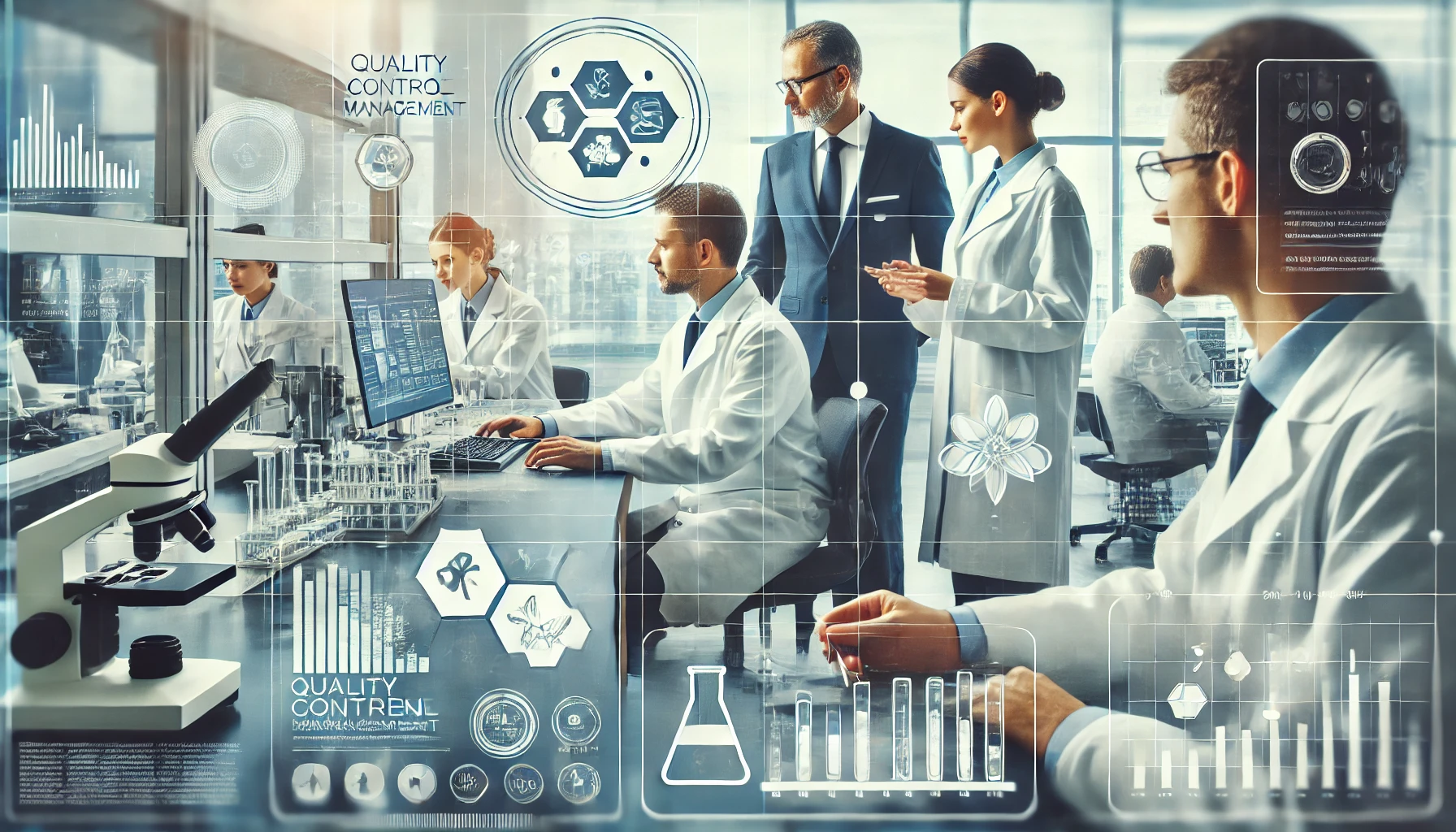 Profissionais em laboratório colaborando sobre processos de qualidade e gestão, simbolizando a intersecção entre os dois.
