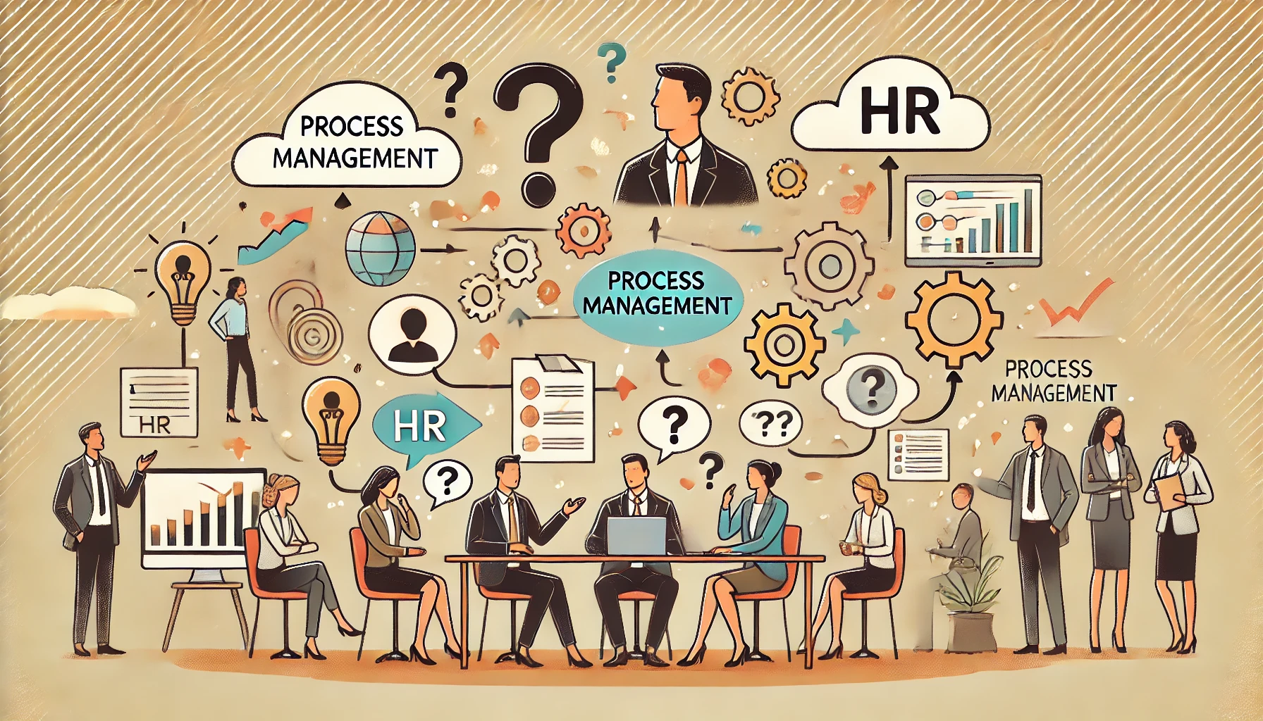 Cena ilustrativa mostrando a interação entre Recursos Humanos e Gestão de Processos, com elementos visuais que simbolizam dúvida e análise.