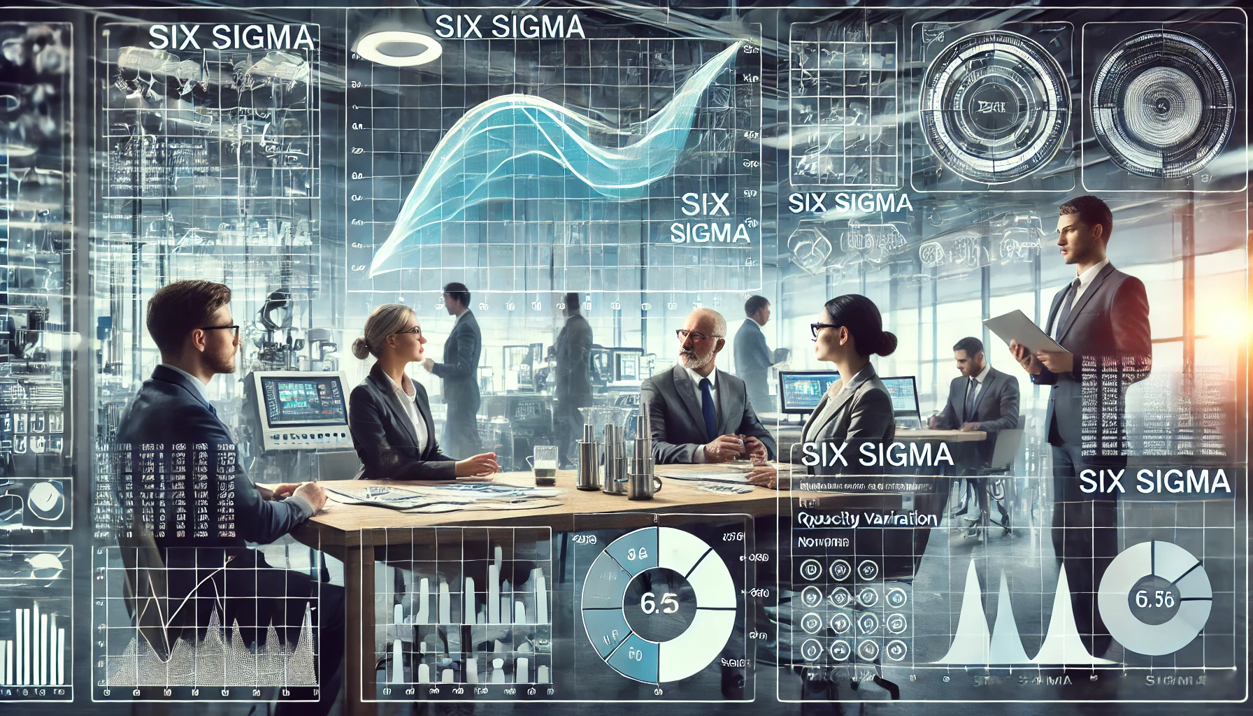 Profissionais em um ambiente de qualidade, analisando dados com uma curva de Gauss ao fundo, simbolizando a metodologia Seis Sigma.