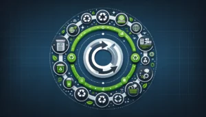 Ilustração de ciclo contínuo mostrando a conexão entre a Filosofia Lean e a Economia Circular, com foco em sustentabilidade e eficiência.