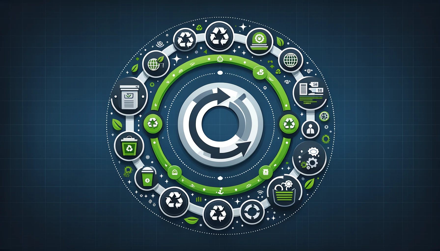 Ilustração de ciclo contínuo mostrando a conexão entre a Filosofia Lean e a Economia Circular, com foco em sustentabilidade e eficiência.