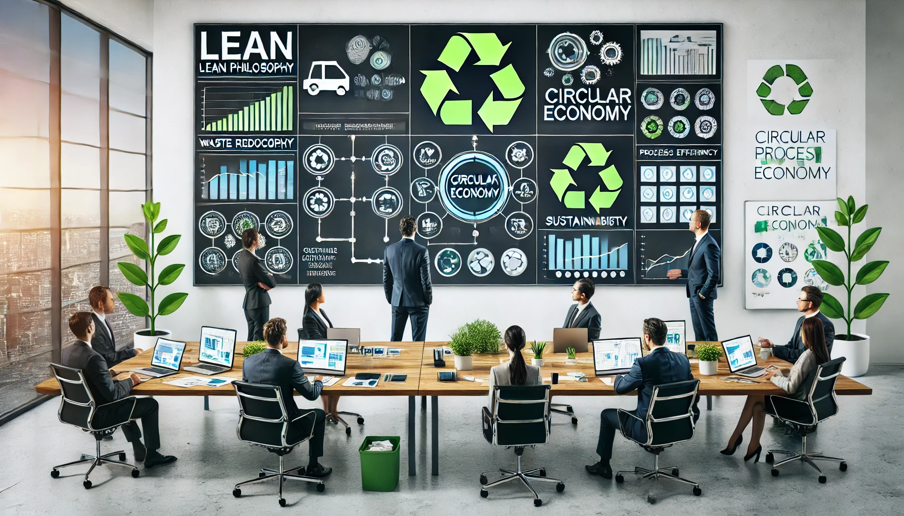 Profissionais corporativos analisando fluxogramas e estratégias que conectam a Filosofia Lean à Economia Circular, com foco em sustentabilidade e eficiência.