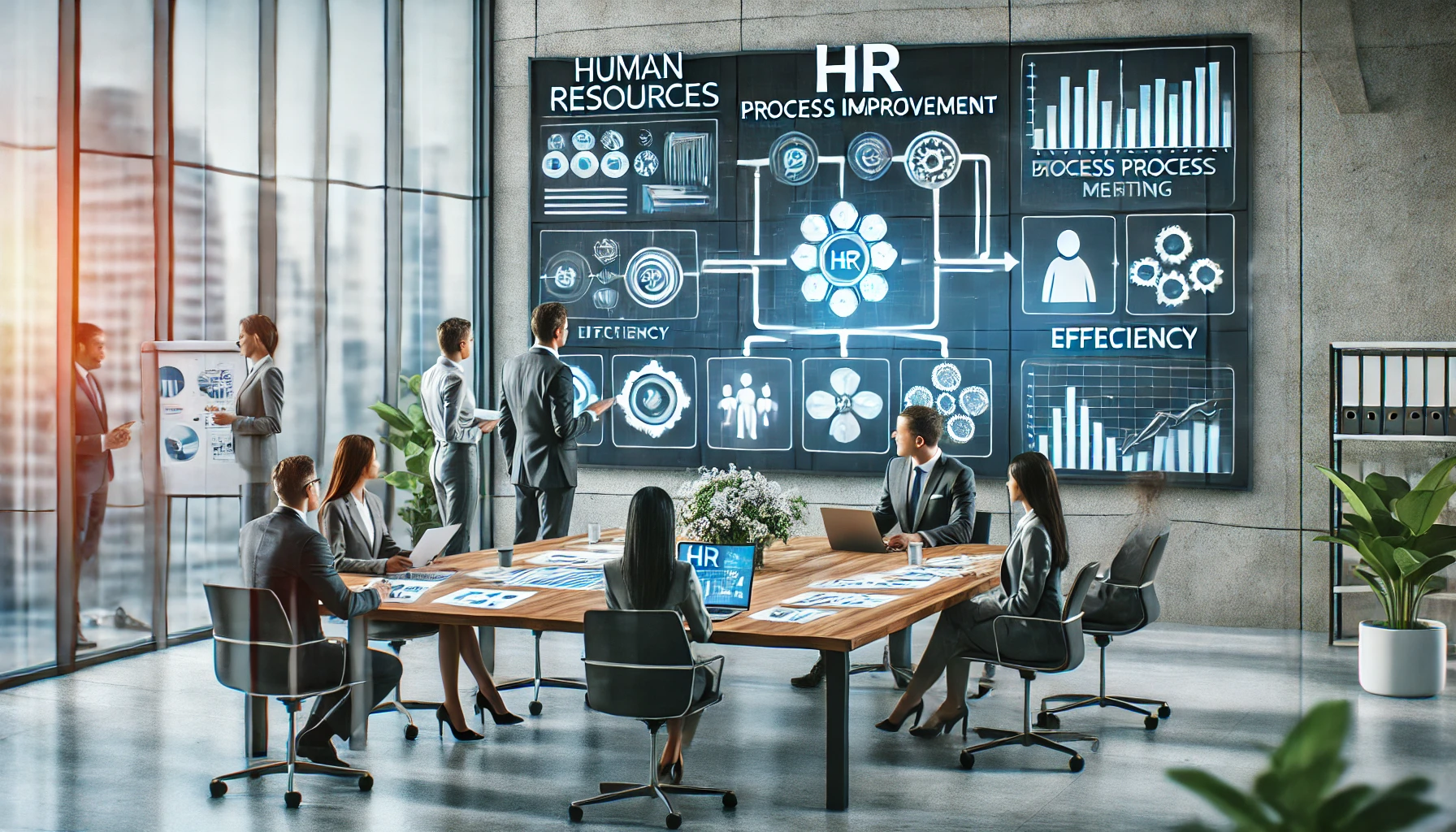 Profissionais de RH em uma reunião discutindo a gestão de processos, enfatizando seu papel como parceiro estratégico.