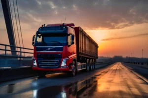 Caminhão em uma ponte ao pôr do sol, ilustrando o transporte rodoviário na logística.