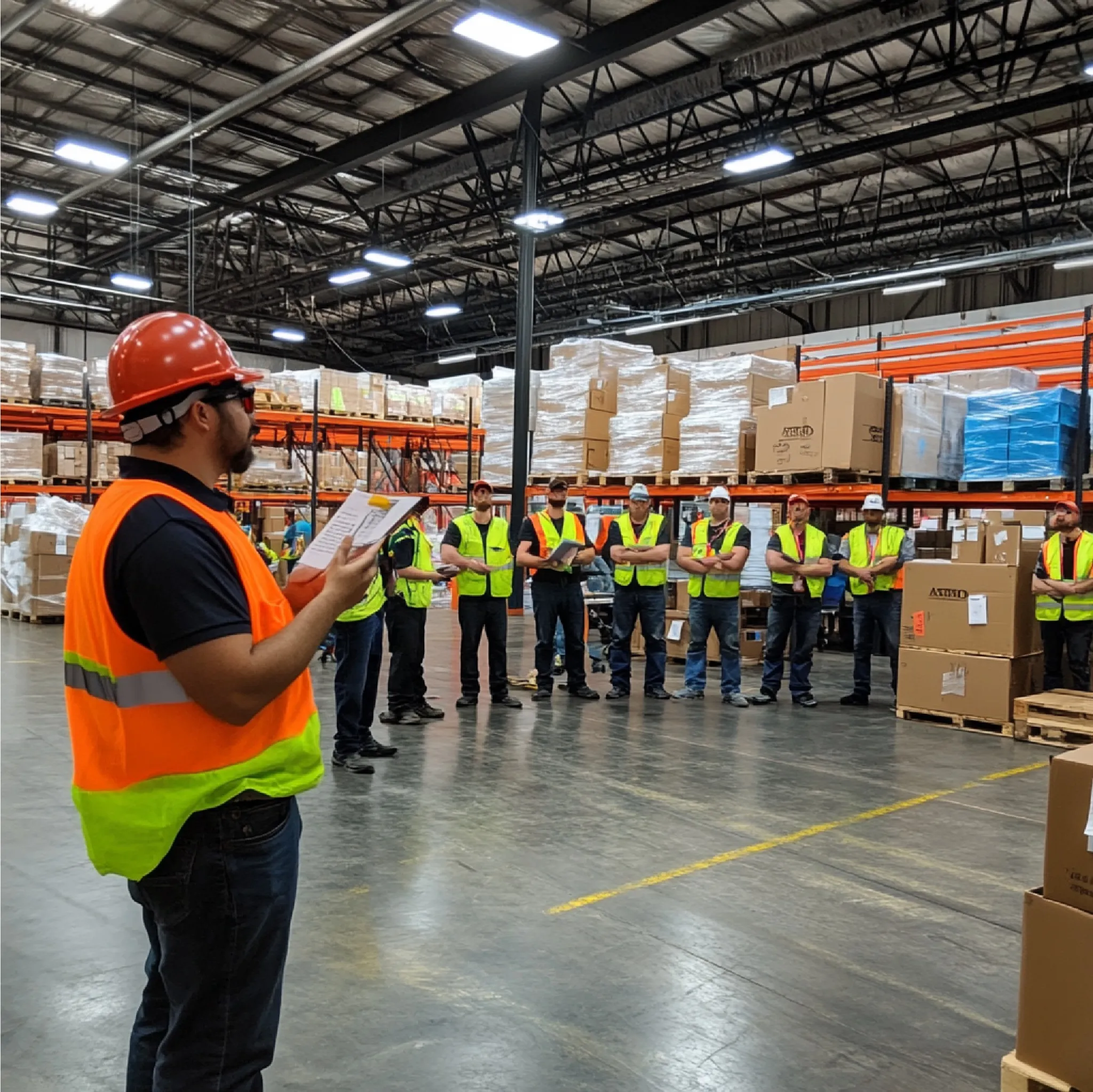 Treinamento de equipe em ambiente fabril durante auditoria de implantação do programa 5S.