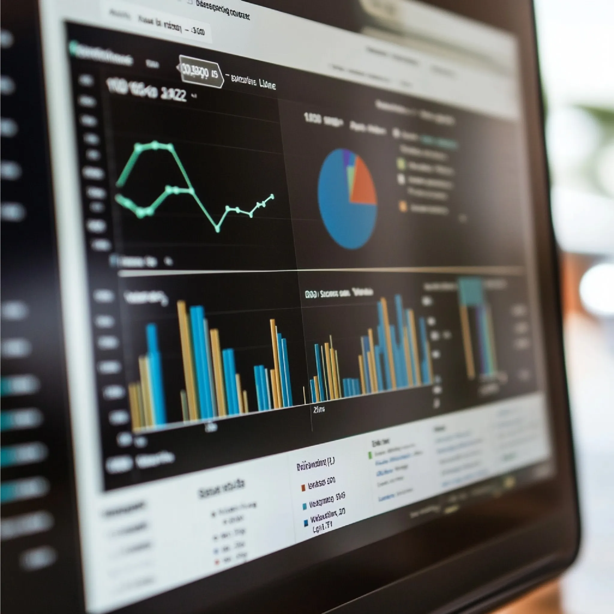 Tela de computador exibindo gráficos e indicadores de desempenho, representando análise estatística aplicada à gestão empresarial.