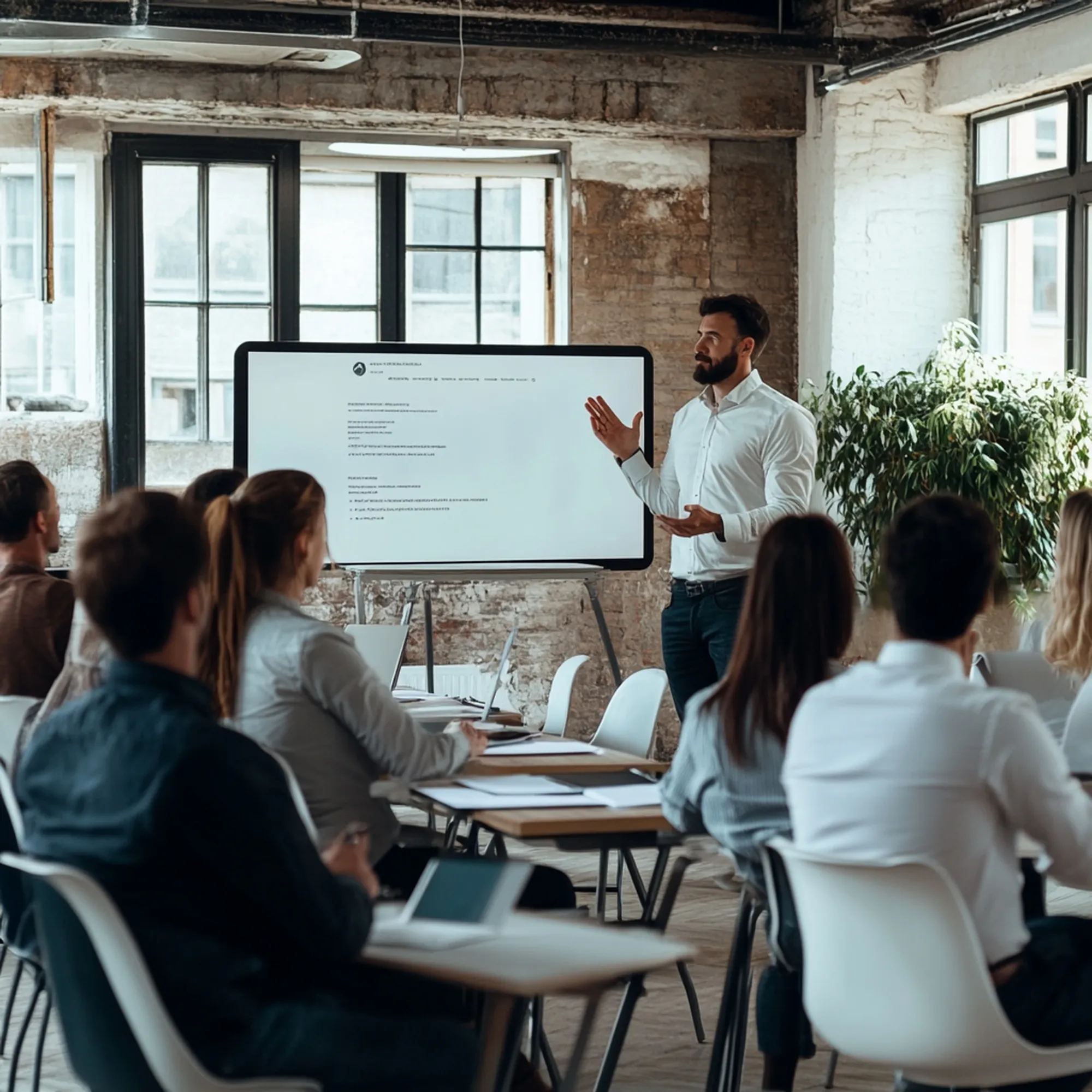 Líder apresentando estratégias de gestão de pessoas para equipe durante reunião corporativa.