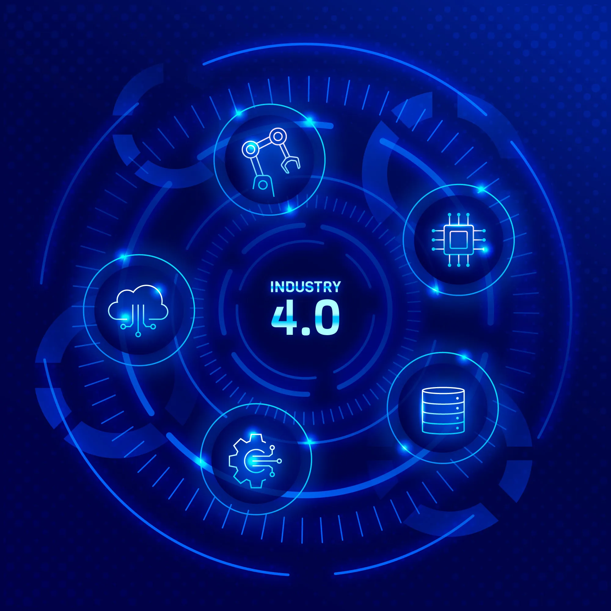 Representação digital da Indústria 4.0 com ícones de automação, inteligência artificial e conectividade industrial.