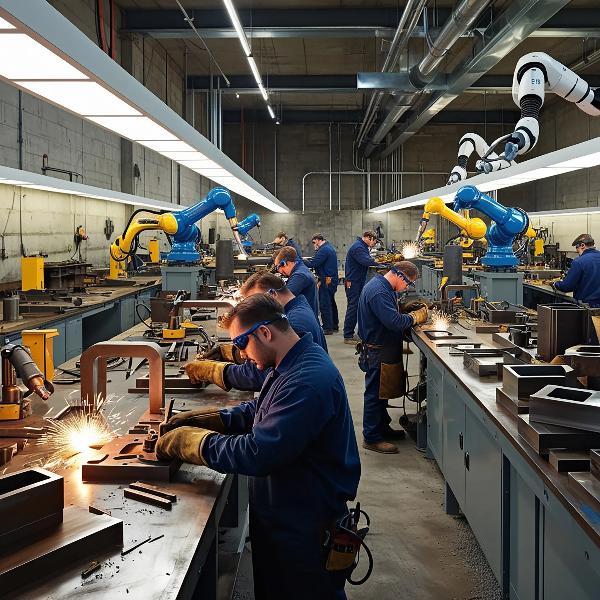 Profissionais em linha de produção utilizando metodologia Lean Six Sigma para otimizar processos industriais.