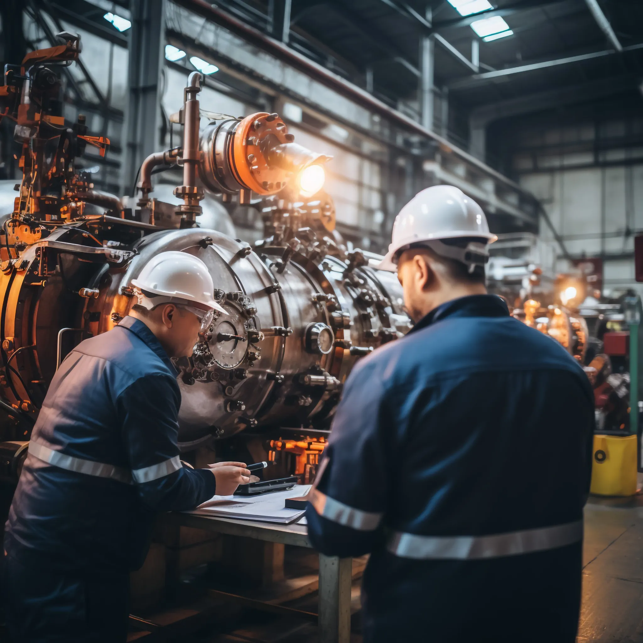 Engenheiros realizando inspeção em equipamentos industriais, representando práticas de manutenção voltadas à alta performance operacional.