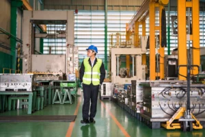 Profissional caminhando no chão de fábrica organizado, simbolizando disciplina e sustentação do 5S.