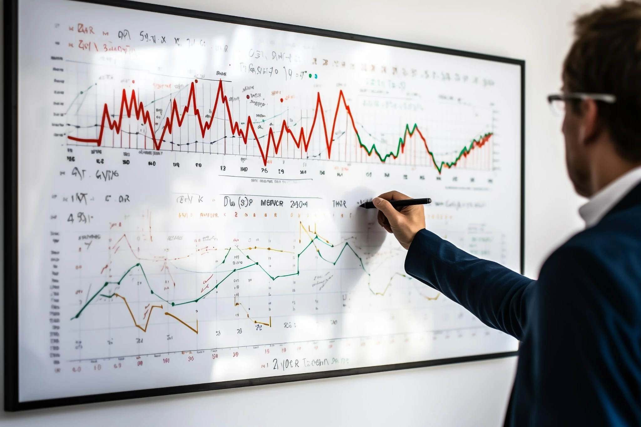 Profissional analisando gráficos de controle em quadro branco para aplicação do Controle Estatístico do Processo na indústria.