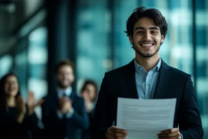 profissional certificado black belt sorrindo segurando documento com equipe ao fundo simbolizando liderança e excelencia em melhoria continua