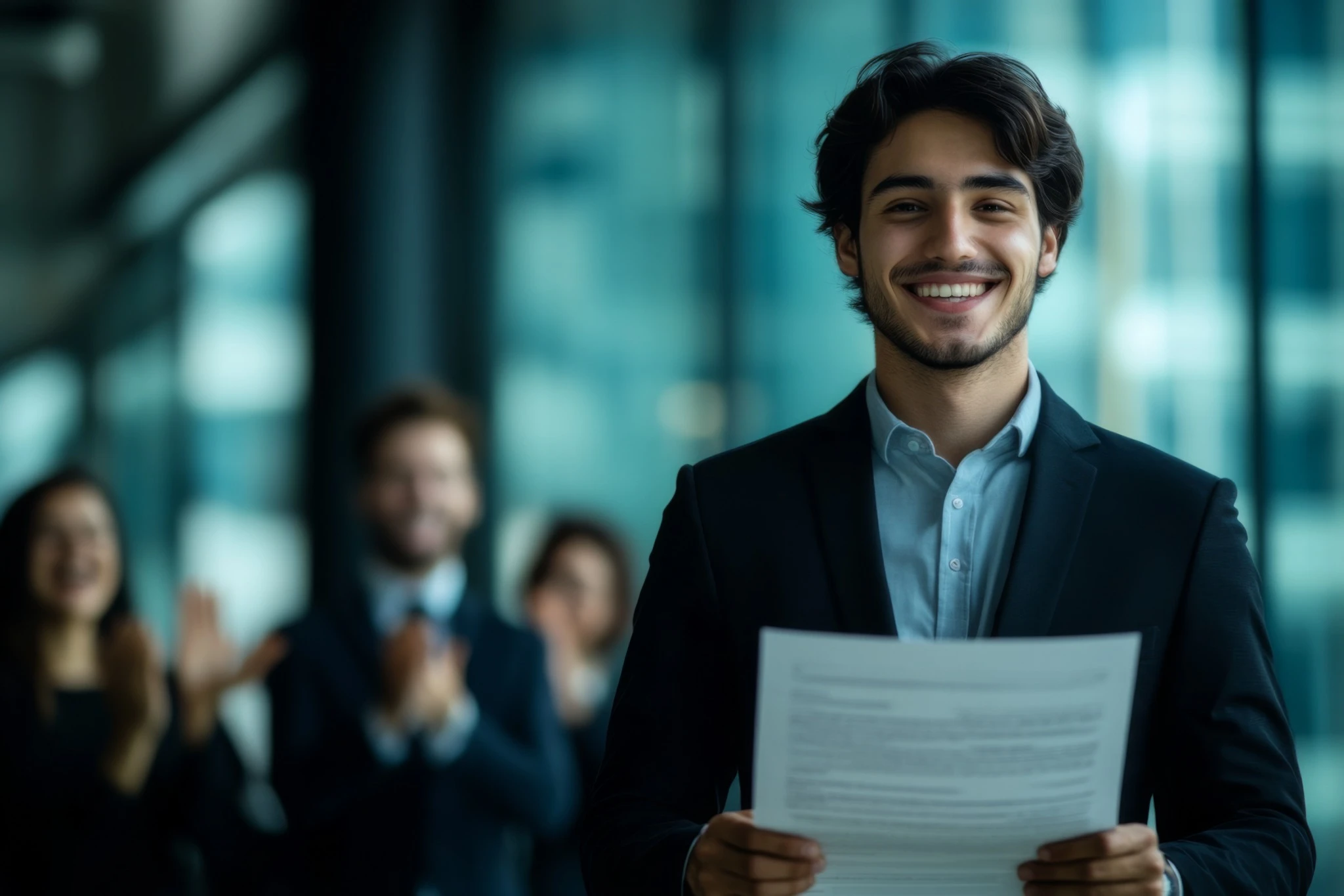 profissional certificado black belt sorrindo segurando documento com equipe ao fundo simbolizando liderança e excelencia em melhoria continua