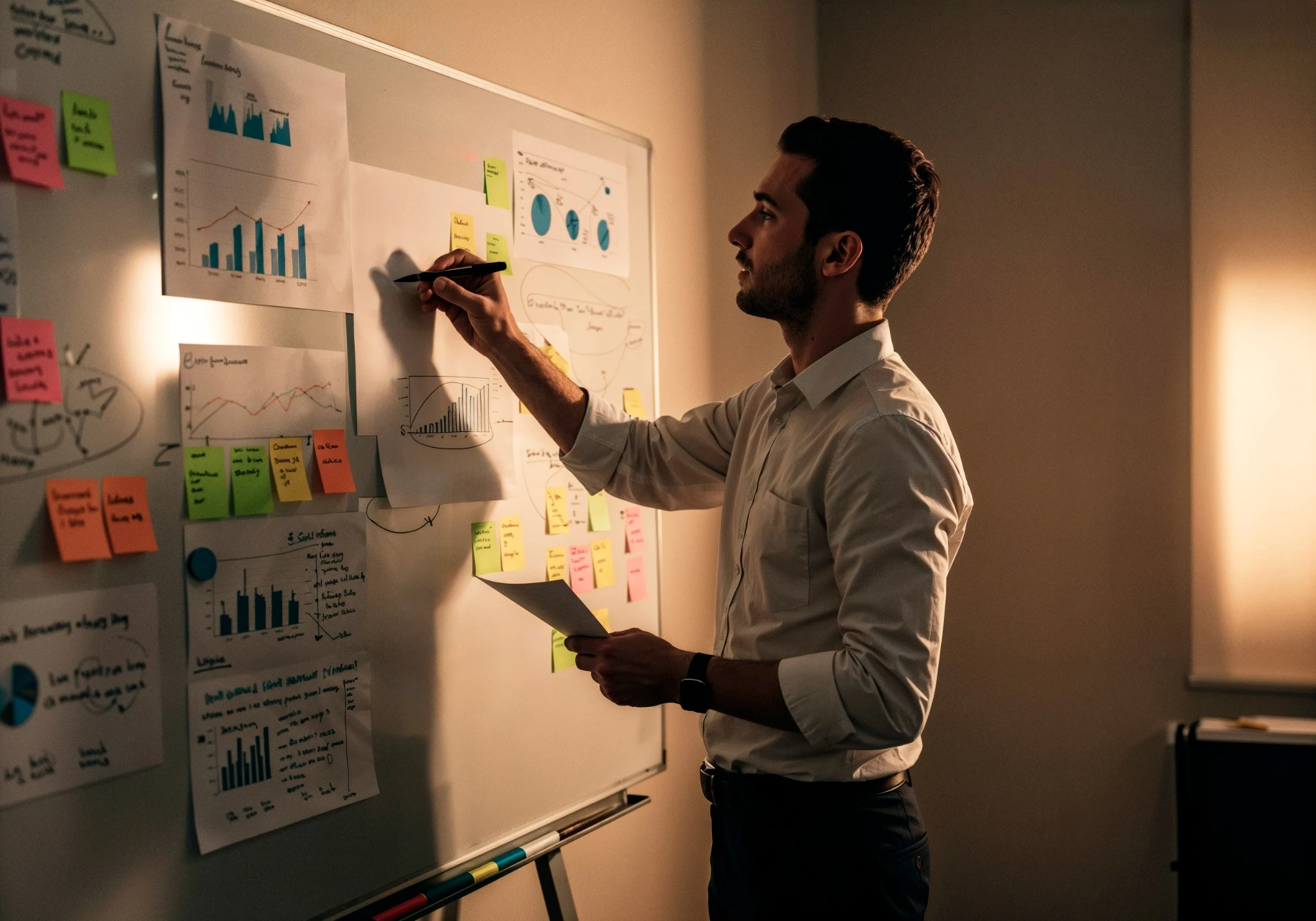 Profissional analisando gráficos e hipóteses em um quadro branco para aplicar o ciclo Construir–Medir–Aprender no Lean Startup.