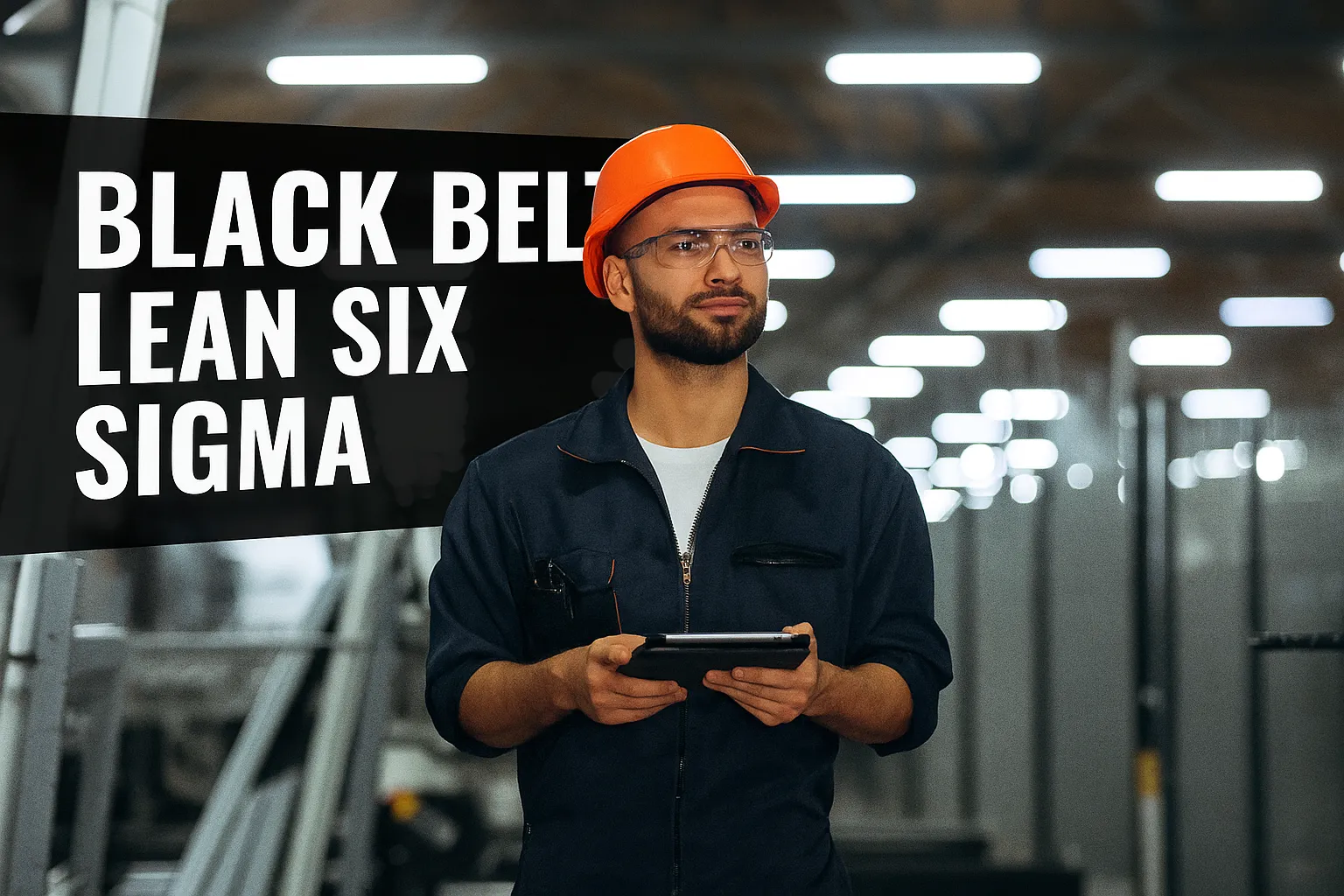 Profissional com capacete laranja e tablet em mãos representando o curso Black Belt Lean Six Sigma voltado para líderes de projetos de melhoria contínua.