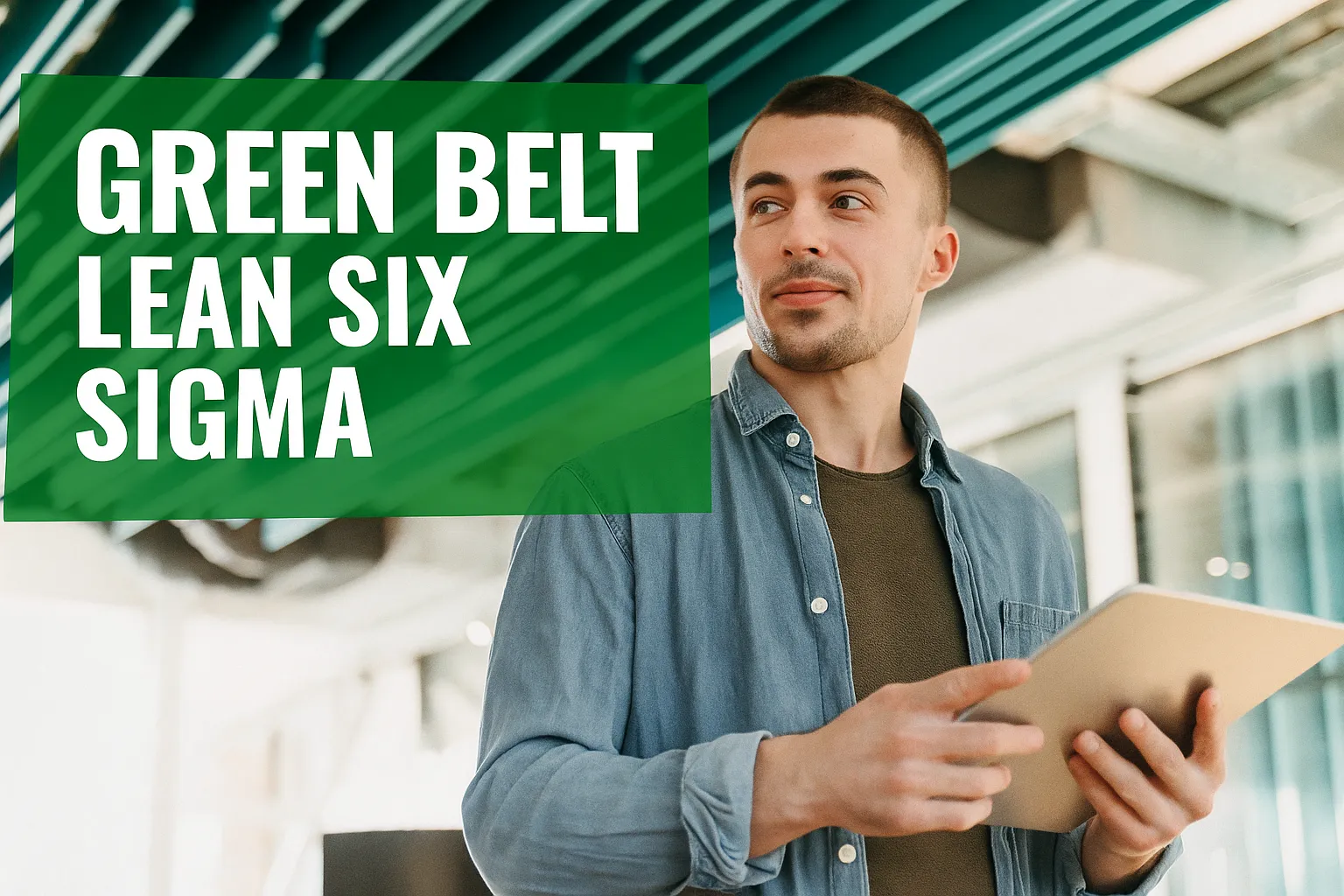 Profissional confiante segurando um tablet, representando o curso de Certificação Lean Six Sigma Green Belt com foco em melhoria contínua e desempenho organizacional. cursos de gestão e qualidade