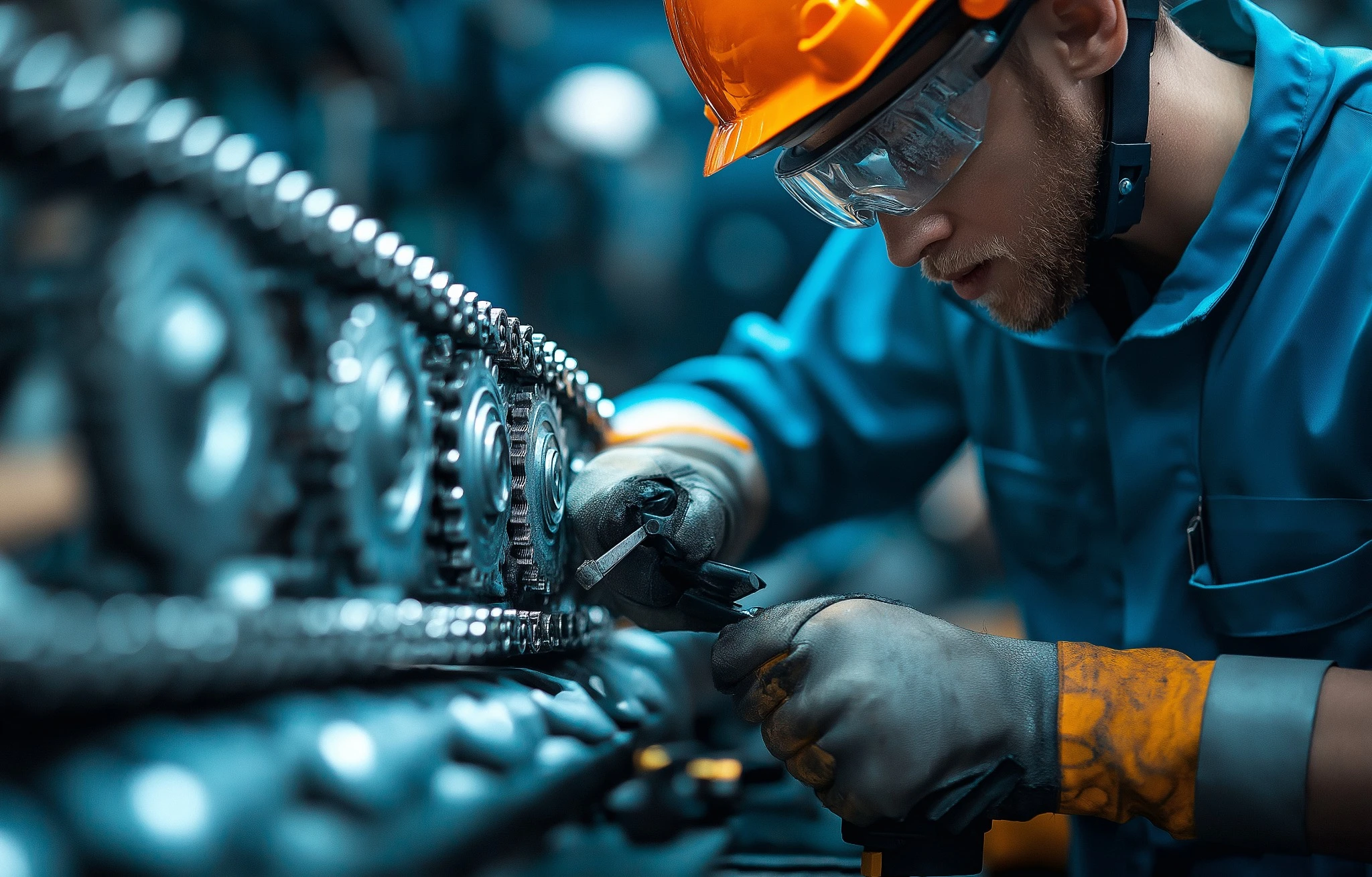 Mecânico industrial ajustando engrenagens e corrente de máquina em ambiente fabril
