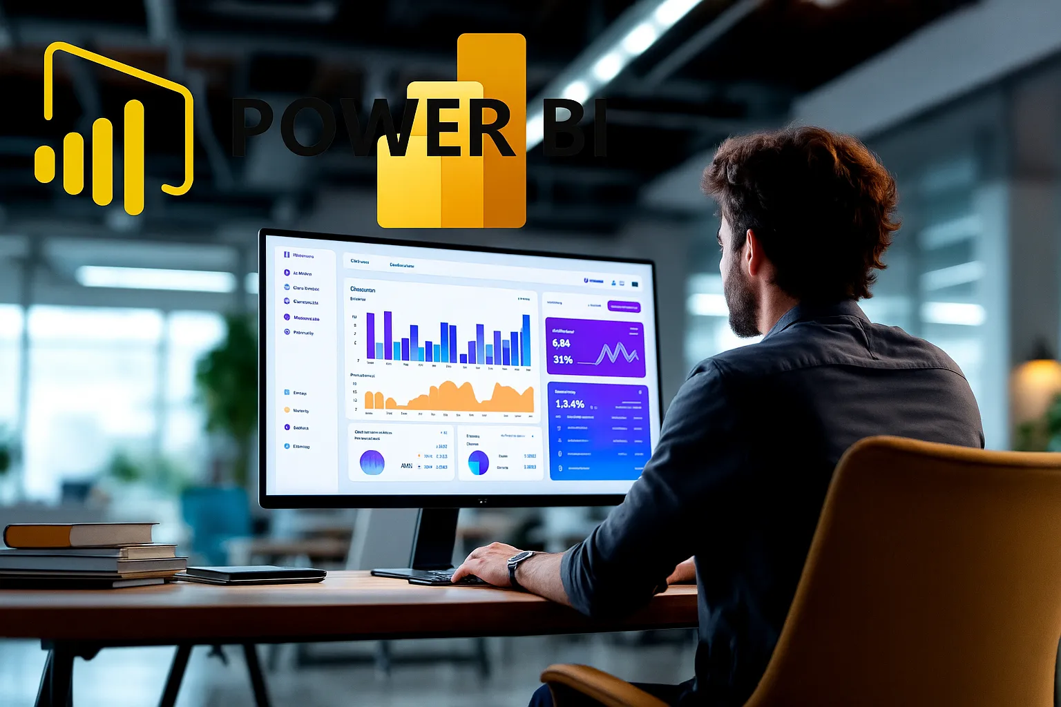 Profissional analisando dashboards no Power BI durante curso de especialização prática em análise de dados.