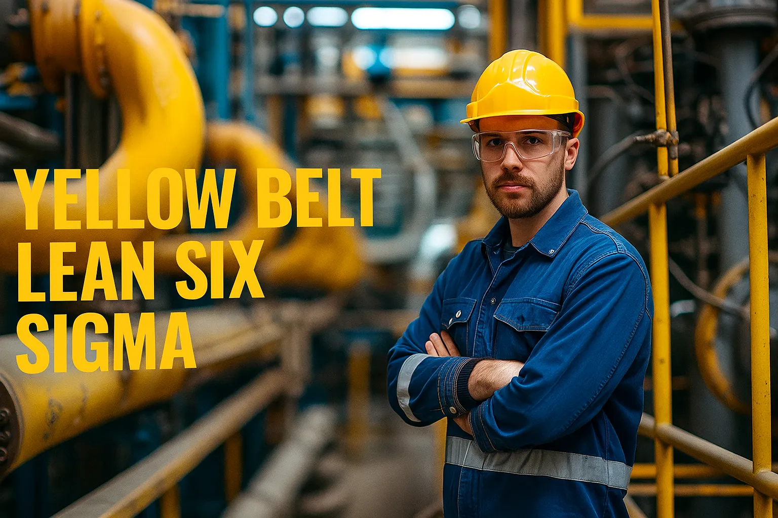 Profissional em ambiente industrial usando capacete amarelo, representando o curso de Certificação Lean Six Sigma Yellow Belt com foco em fundamentos de melhoria contínua.