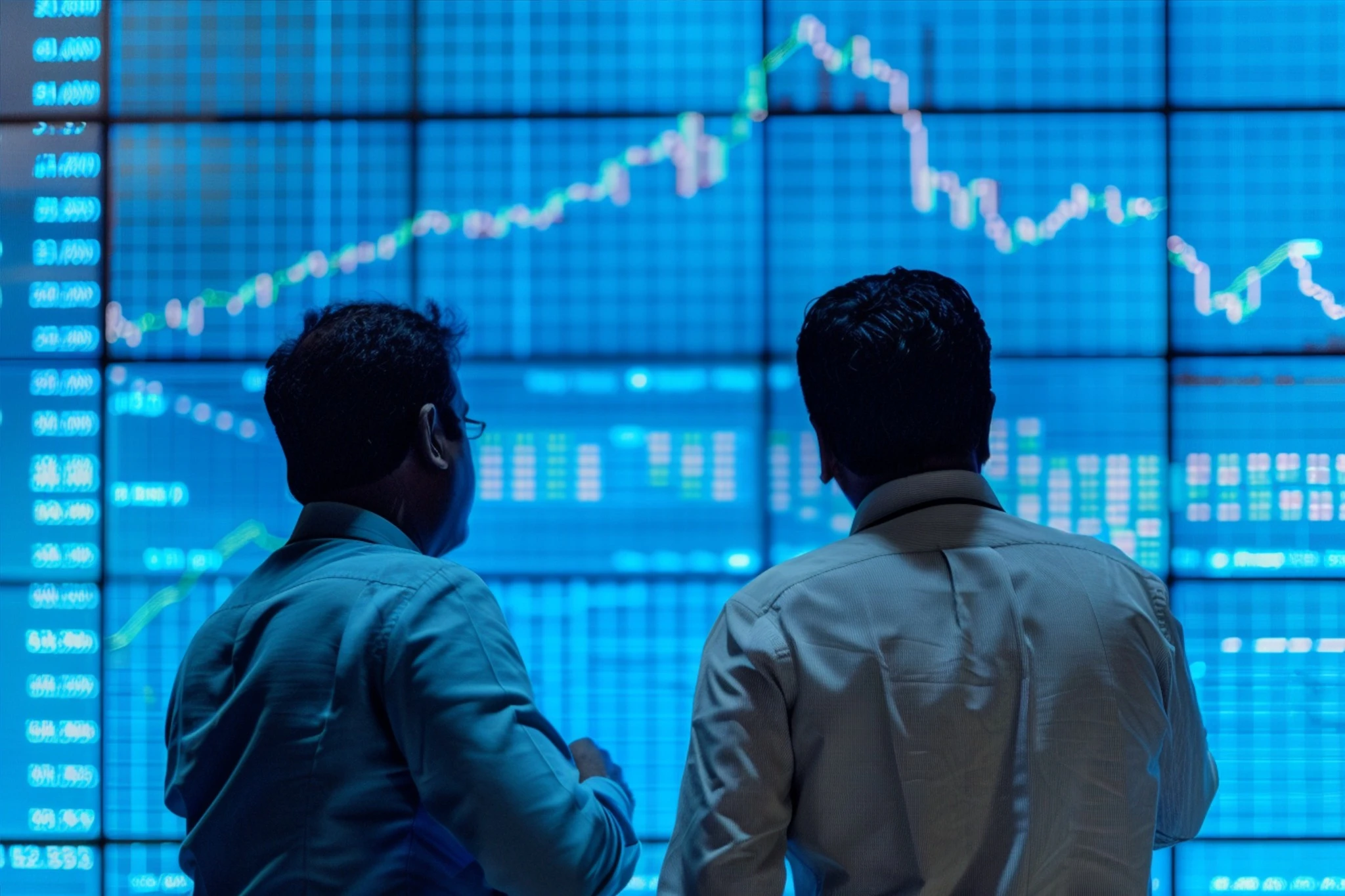 Profissionais observando gráficos de desempenho financeiro em tela digital, representando a análise de EBIT e EBITDA.