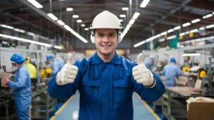 Trabalhador industrial demonstrando satisfação em ambiente de produção eficiente