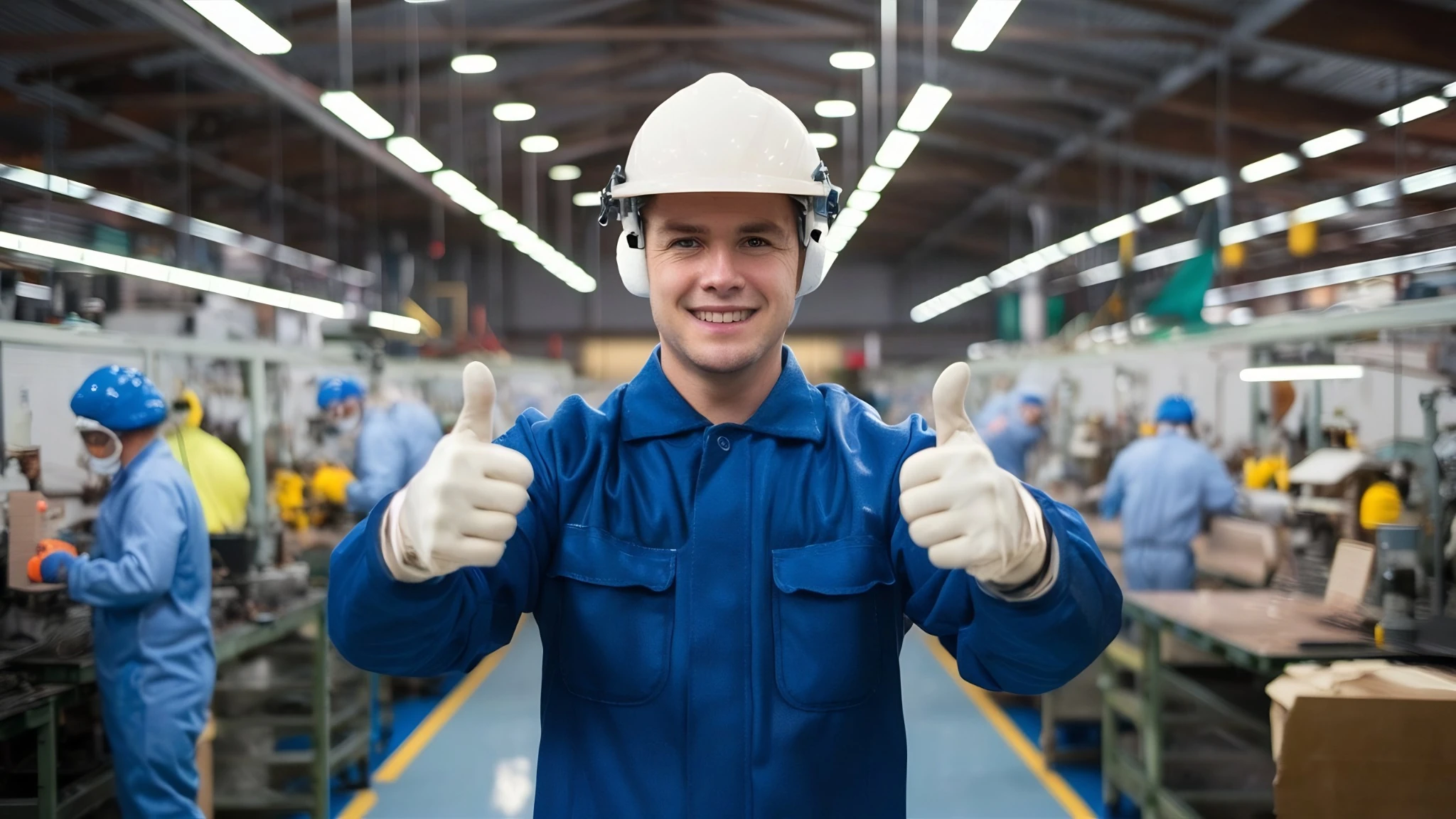 Trabalhador industrial demonstrando satisfação em ambiente de produção eficiente