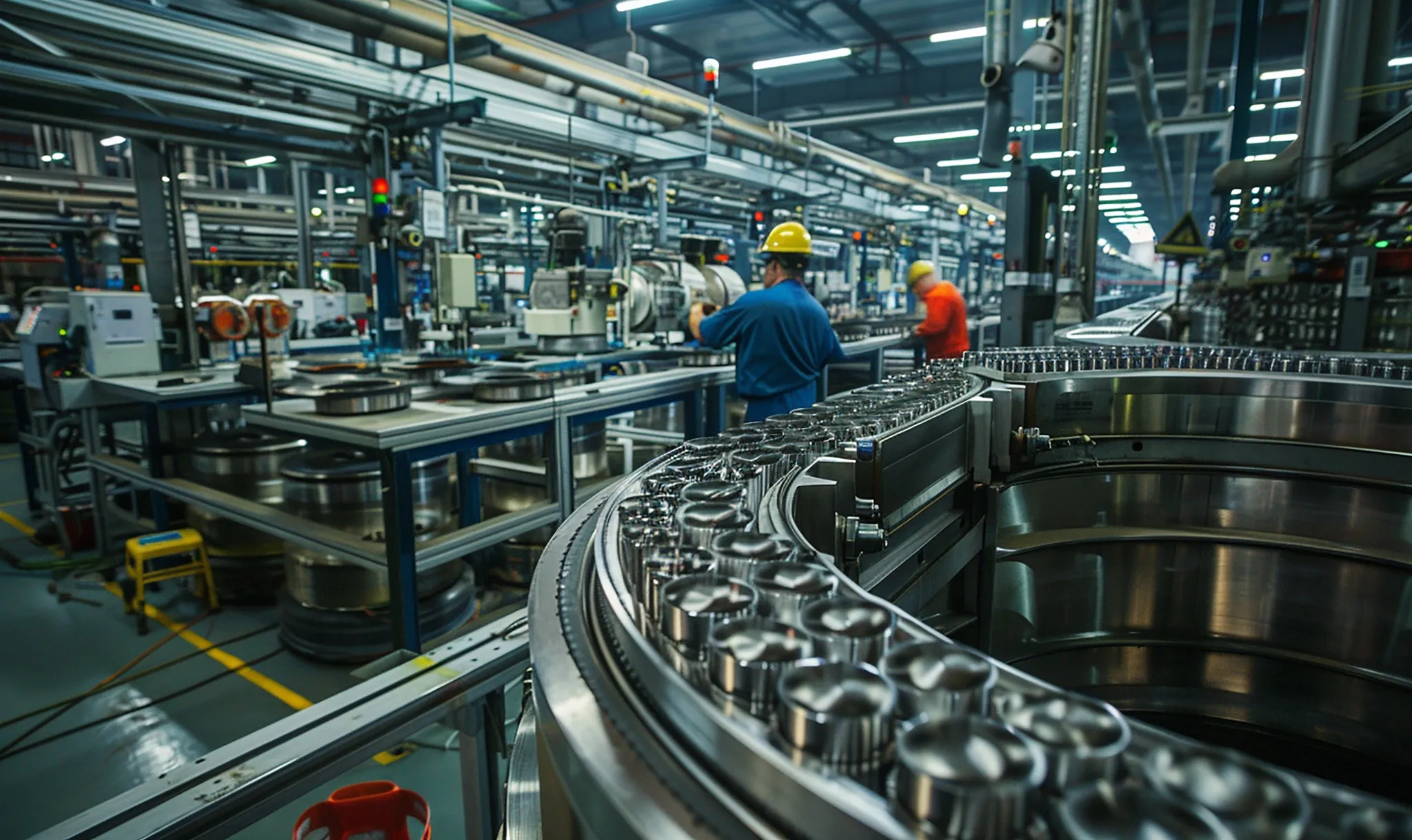 Linha de produção industrial com operadores em atividade e equipamentos automatizados em operação contínua.