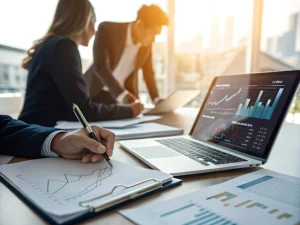 Profissionais analisando gráficos financeiros e indicadores industriais em laptop e relatórios impressos