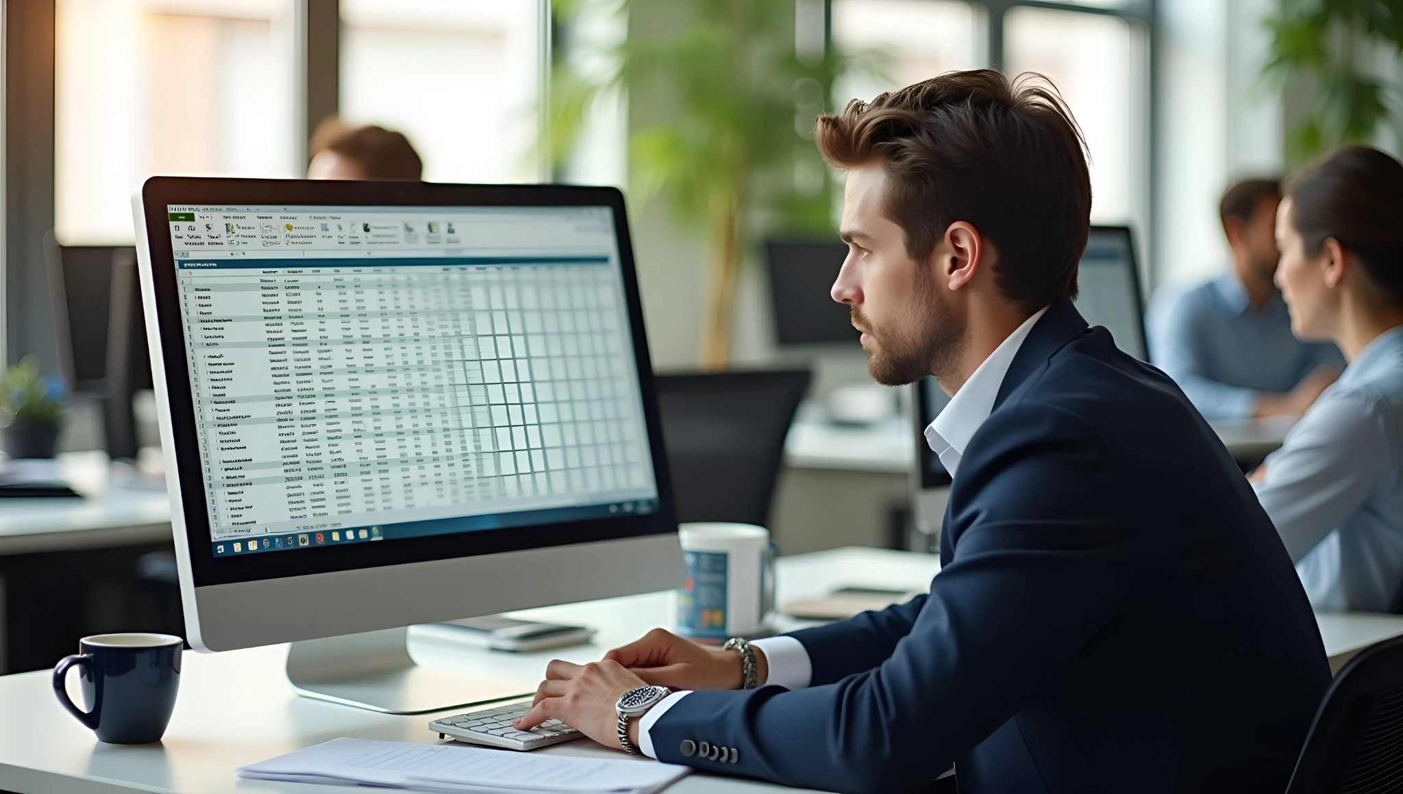Profissional analisando planilhas no Excel em escritório moderno.