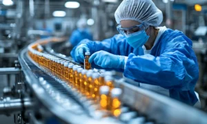 Profissional da indústria farmacêutica inspecionando frascos em linha de produção asséptica, representando controle de qualidade e gestão do risco à qualidade.