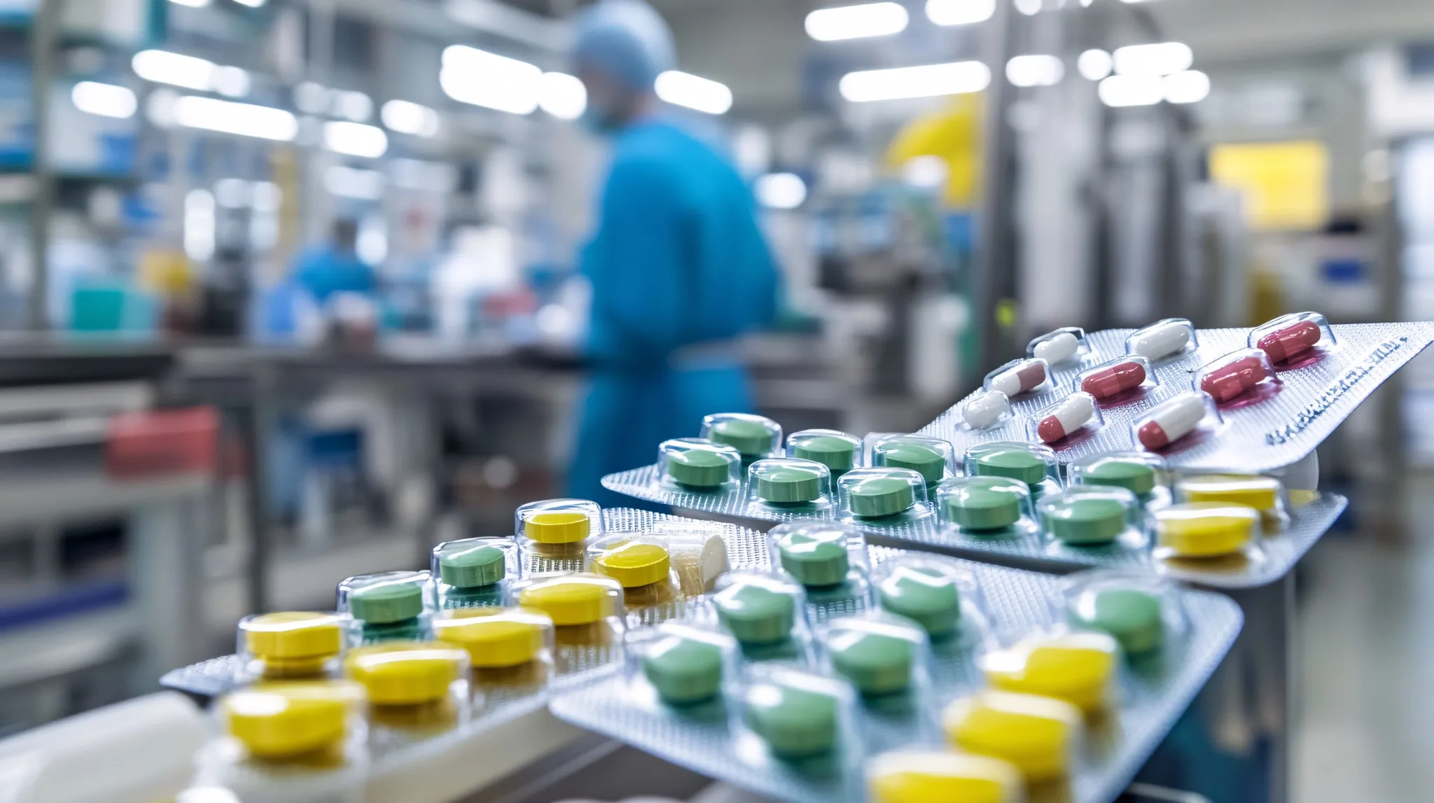 Blisters de medicamentos em linha de produção representando mudanças pós-registro conforme RDC 73/2016