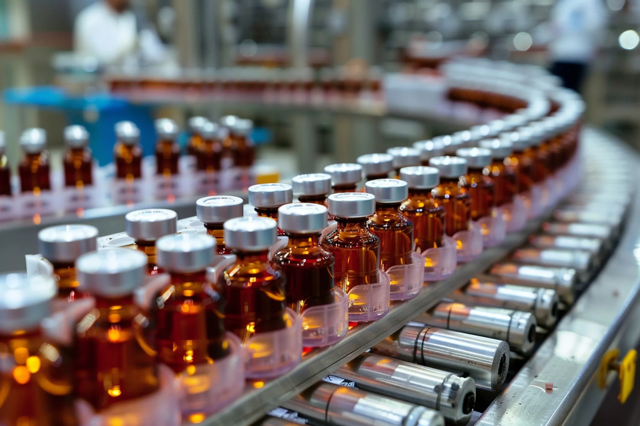 Linha de fabricação de medicamentos estéreis com frascos em esteira produtiva, ilustrando boas práticas exigidas pela RDC 658/2022 no setor farmacêutico.