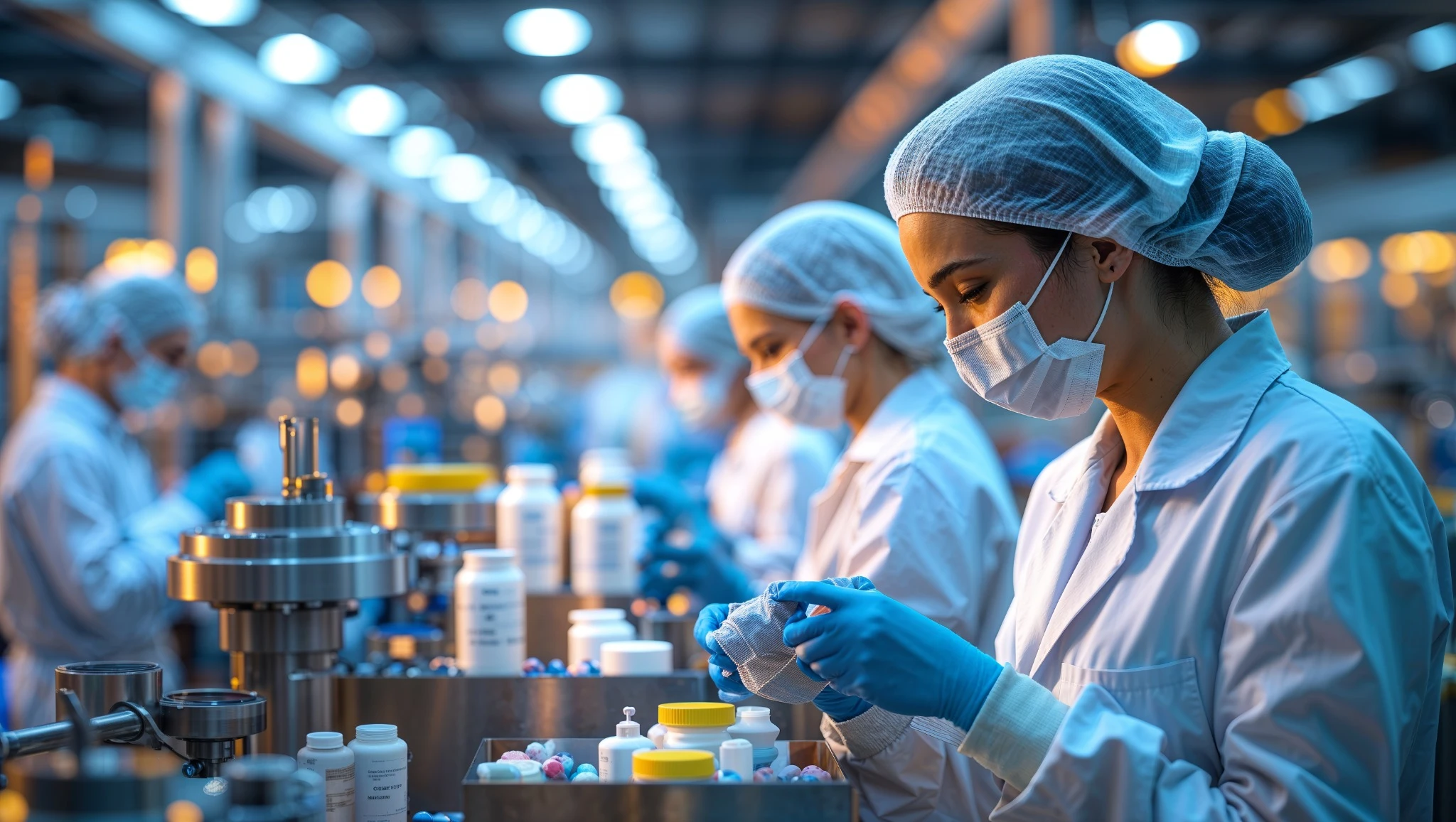 Profissionais trabalhando em uma linha de produção farmacêutica com controle de qualidade rigoroso, representando os principais processos da indústria farmacêutica.