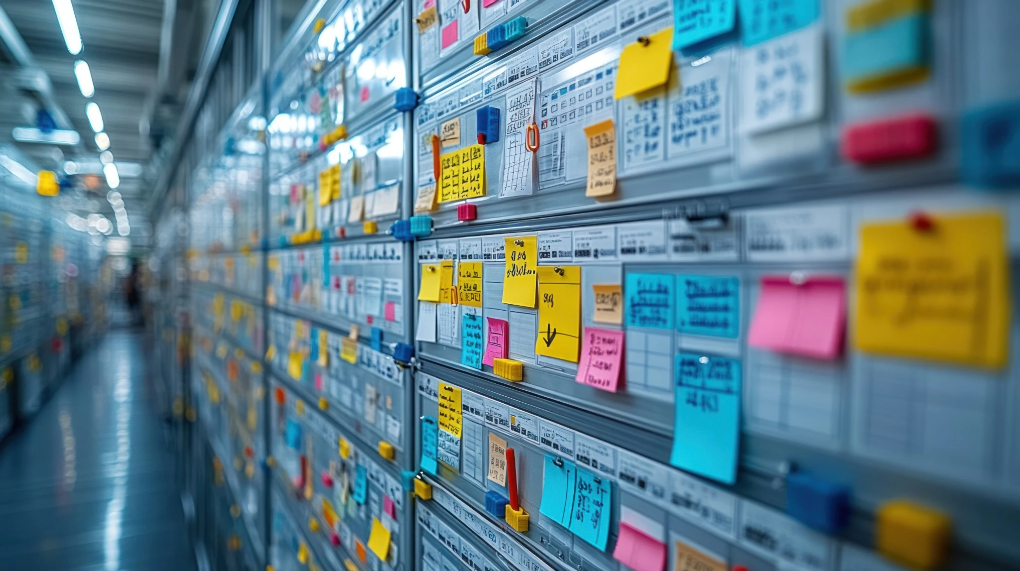 Quadro Kanban com cartões coloridos utilizados para organizar fluxo de trabalho, controle de WIP e gestão visual em processos empresariais