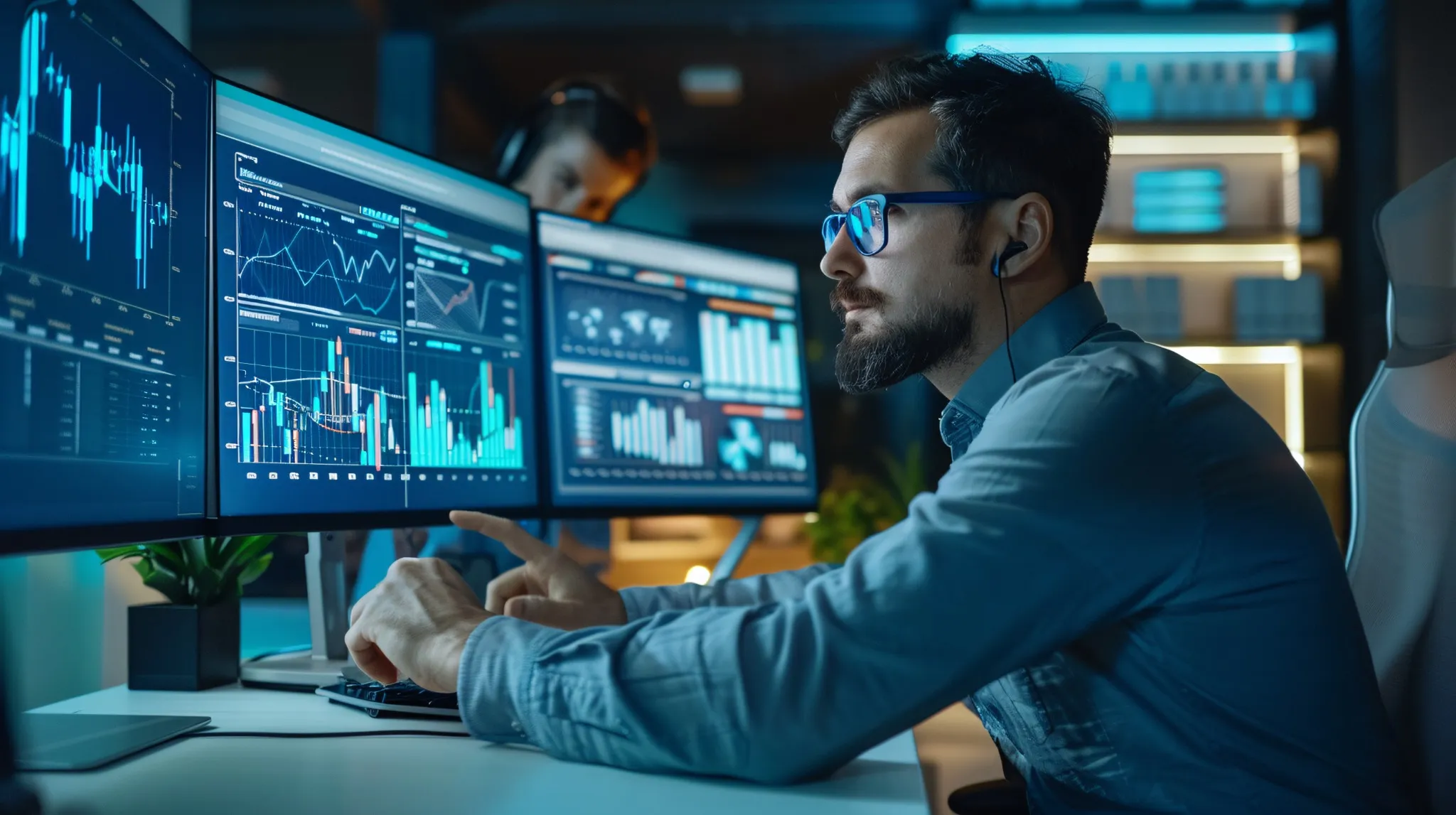 Analista monitorando KPIs em múltiplos dashboards de performance para tomada de decisão empresarial.