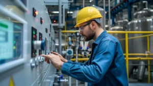Técnico monitorando painel de controle industrial durante atividade de manutenção preditiva