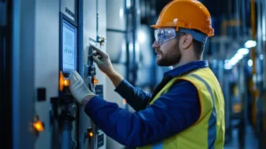 Profissional de manutenção usando EPI enquanto opera painel industrial em rotina de inspeção e controle de equipamentos