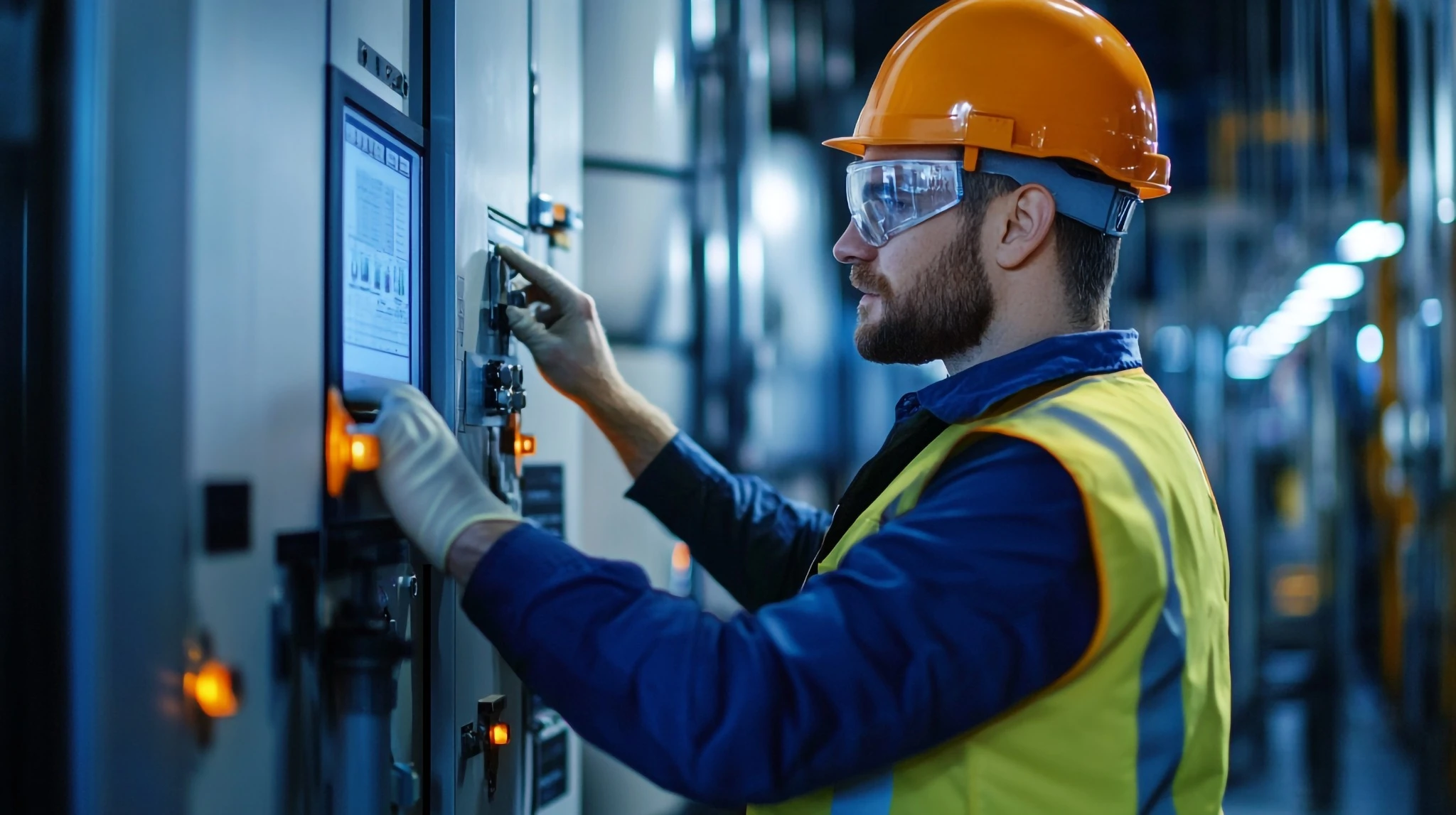 Profissional de manutenção usando EPI enquanto opera painel industrial em rotina de inspeção e controle de equipamentos