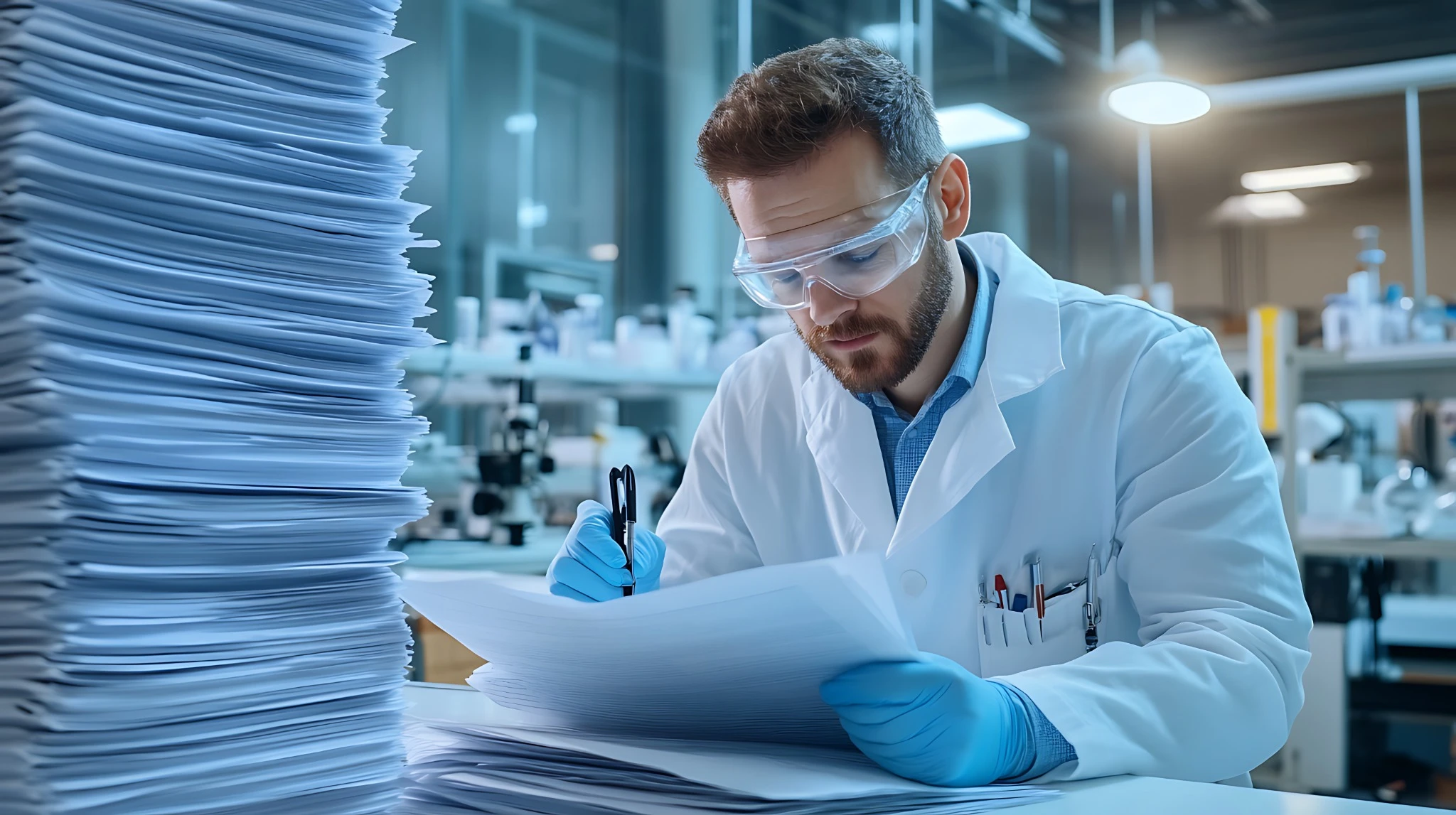 Profissional analisando grande volume de documentos em laboratório, representando revisão e controle de POPs na indústria farmacêutica