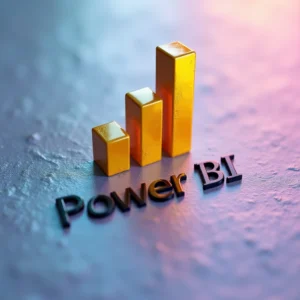 Gráfico 3D dourado representando o Power BI, simbolizando análise de dados e inteligência de negócios.