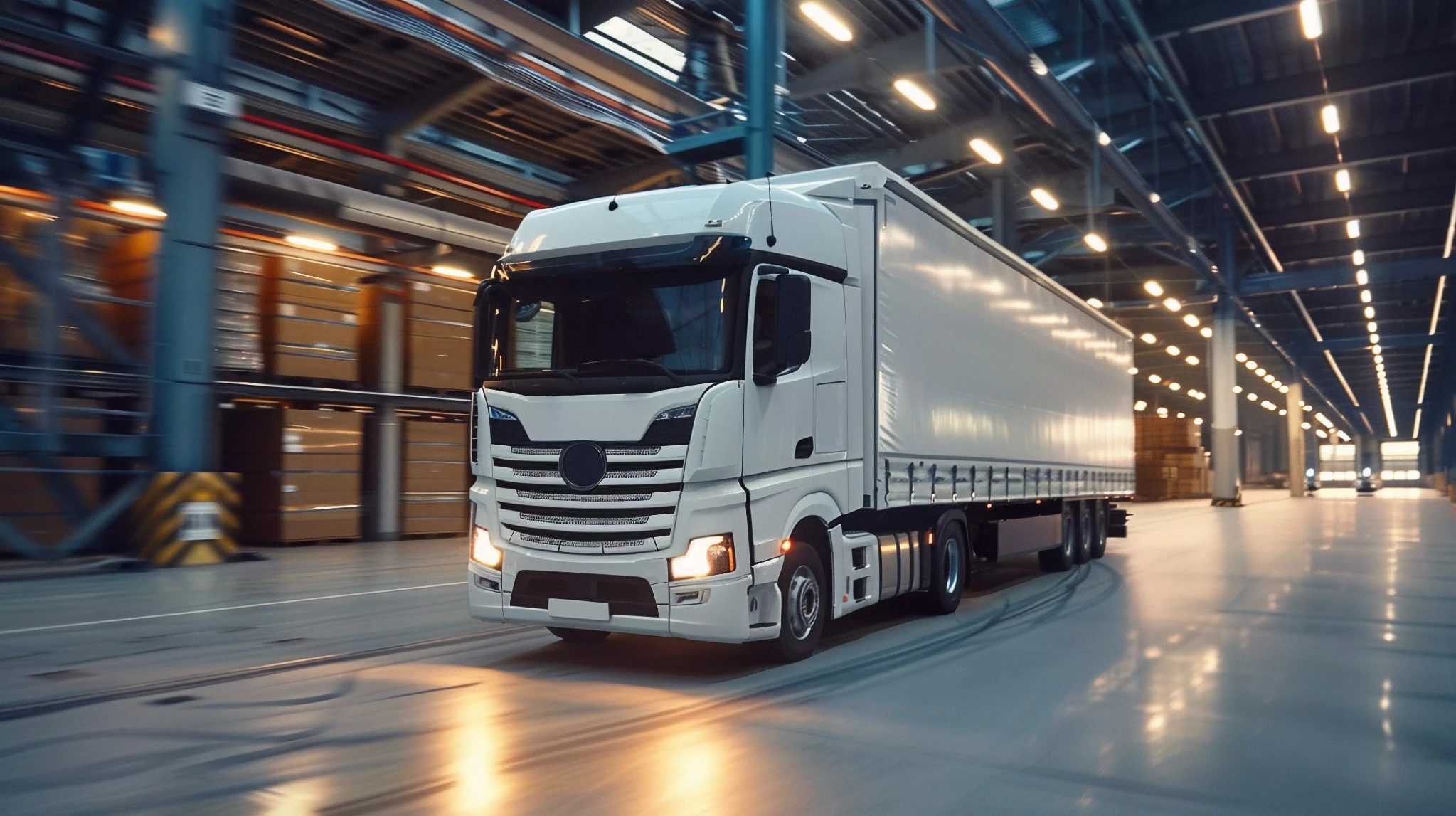 Caminhão em operação dentro de centro logístico moderno representando qualificação de transportes e boas práticas de distribuição