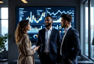 Profissionais discutindo resultados financeiros em frente a painéis de indicadores, representando o cálculo de ROI e Payback em projetos de melhoria contínua.