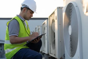 Técnico de manutenção inspecionando unidades externas de HVAC industrial, anotando parâmetros operacionais e verificando condições do equipamento