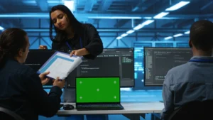 Equipe analisando documentos e monitorando sistemas computadorizados em ambiente tecnológico, representando validação e conformidade.