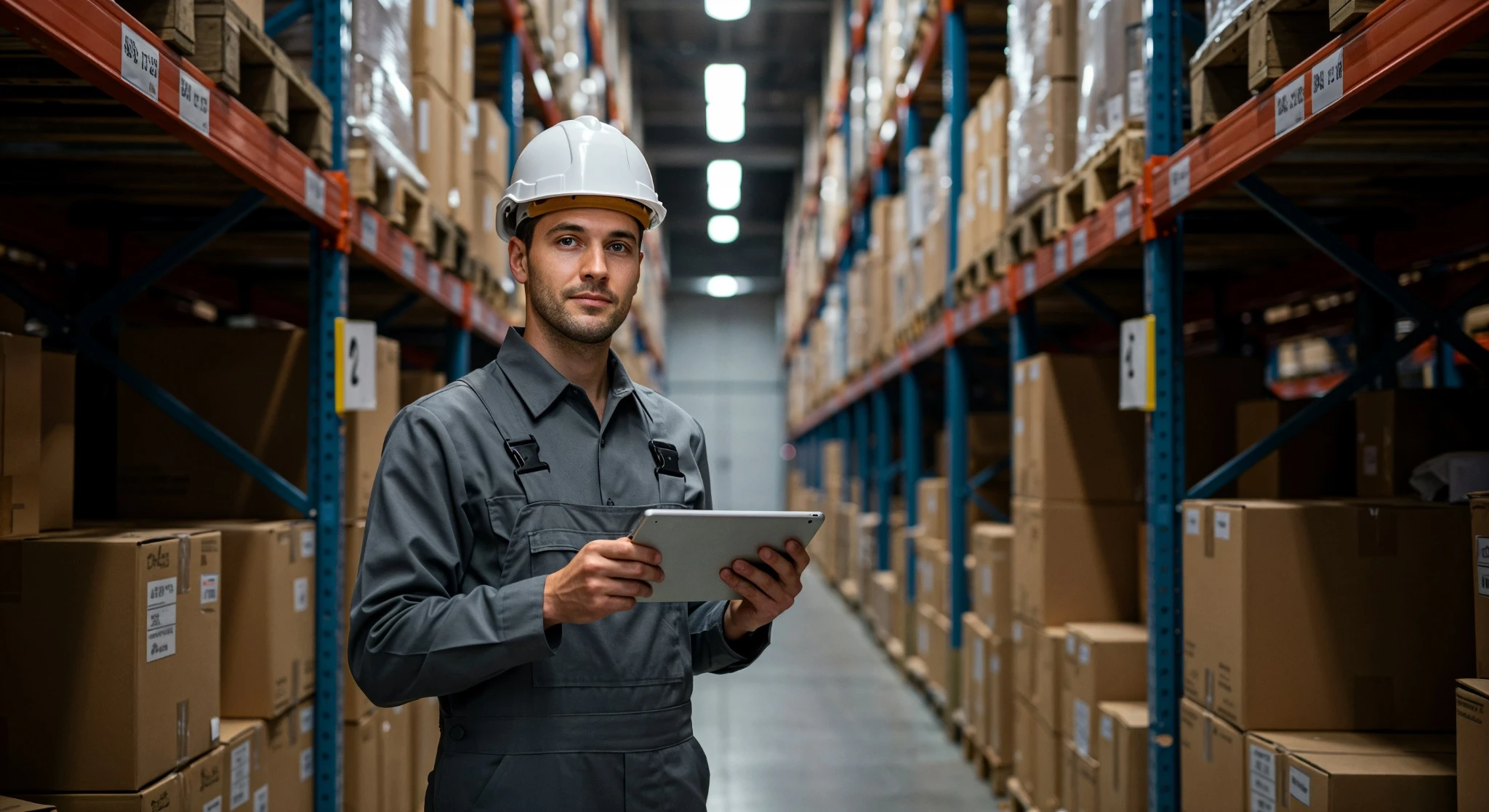 Trabalhador de logística usando tablet em armazém organizado com prateleiras altas.